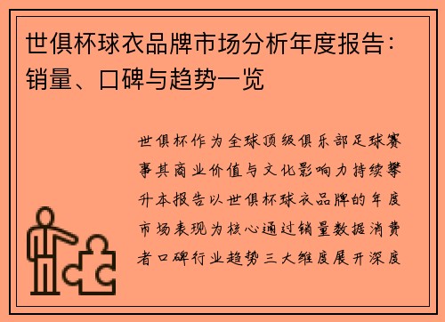 世俱杯球衣品牌市场分析年度报告：销量、口碑与趋势一览